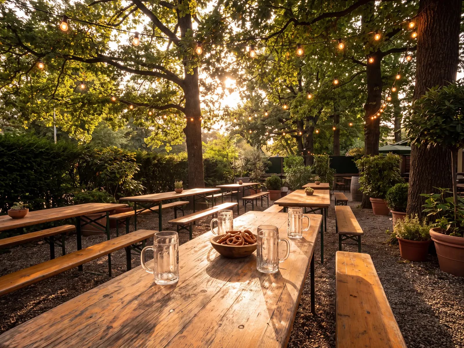 Symbolbild: lange Biertischgarnituren unter Bäumen mit Lichterketten im goldenen Abendlicht — nicht unser Biergarten