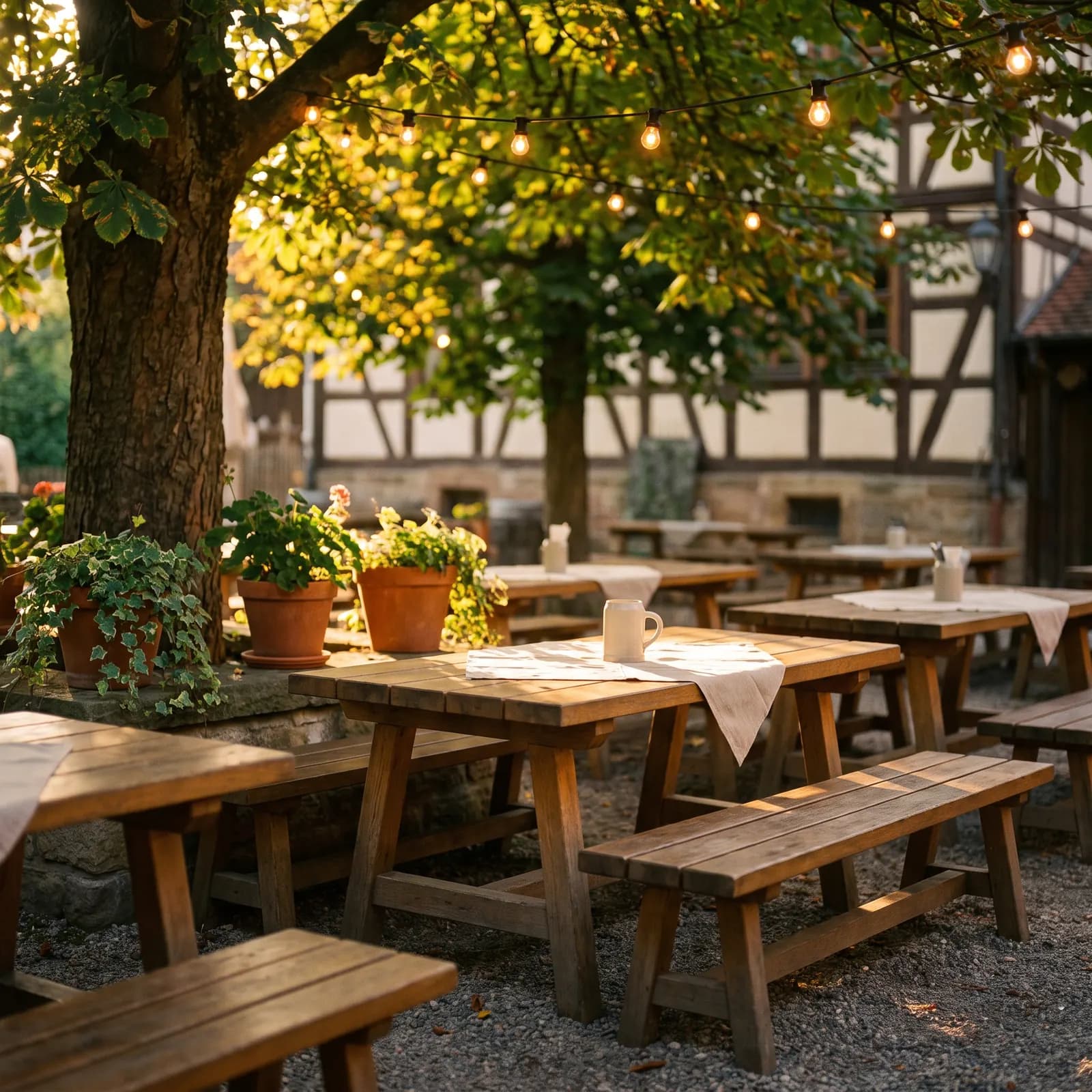 Symbolbild: rustikale Holztische unter einem Baum in einem Biergarten im warmen Abendlicht, mit Lichterkette und Blumentöpfen — nicht die Räumlichkeiten der Gaststätte