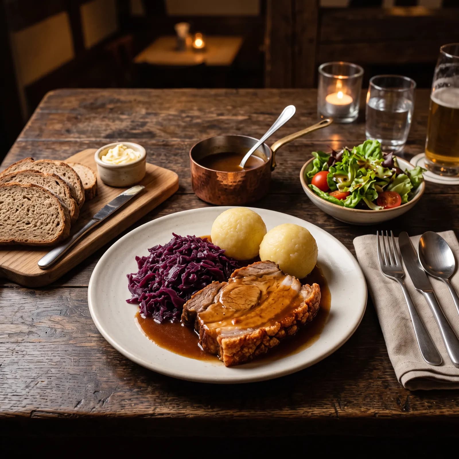 Symbolbild: ein herzhaftes deutsches Gericht mit Braten, Rotkohl und Klößen auf einem Holztisch im warmen Kerzenlicht — nicht unsere Speisen