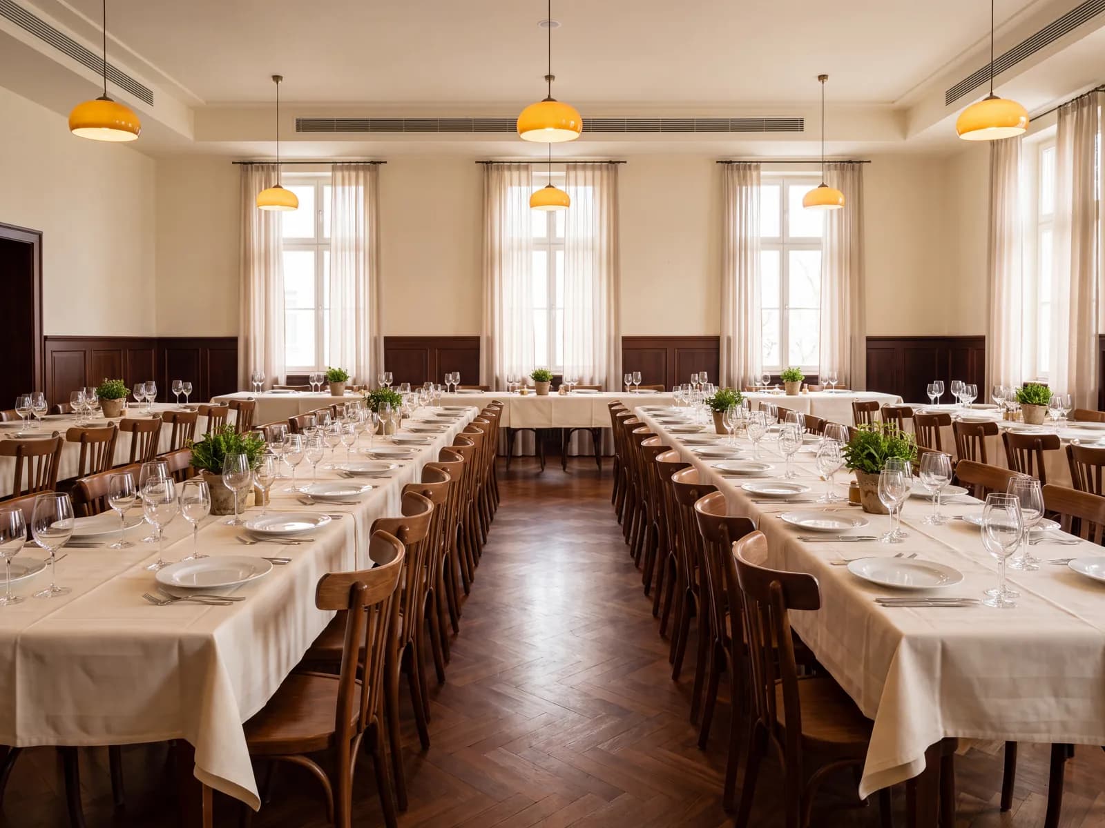 Symbolbild: ein heller Festsaal mit langen, festlich eingedeckten Tafeln für rund 60 Gäste — nicht unser Saal